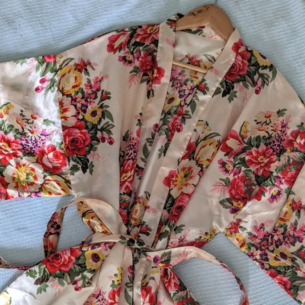 Satin Floral Pink Robe with Tie, OS, Small Medium Large,